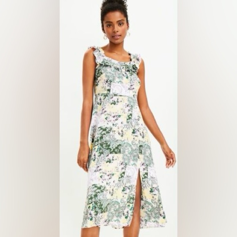 LOFT Green and Yellow Slit Midi Sundress